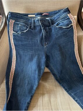 Anthropologie Dark Blue Skinny Jeans with Side Beaded Trim